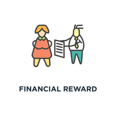 financial reward icon. income on account concept symbol design, statement from the bank, salary, profit, cute cartoon man showing long check, cheque to surprised woman, outline in modern design