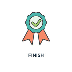 finish icon. completed, achievement, green approved sticker, done stamp, outline, badge, check concept symbol design, fixed, certified, success, check mark vector illustration