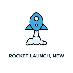 rocket launch, new idea, business startup launch, project start icon, symbol of up development and launch a new innovation product on a market, outline cute, concept