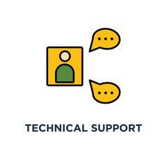 technical support operator icon. online help desk concept symbol design, chat, faq, call center, cute cartoon consultant with happy speech bubble and ticket dashboard, outline, on white vector