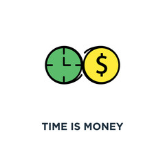 time is money icon, symbol of outline business concept connection of clock (time) and dollar (money) symbols