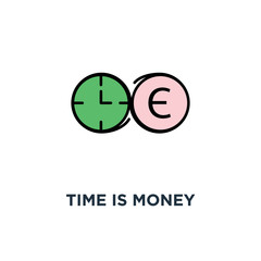 time is money icon, symbol of the connection between time and money, connected watch and euro coin, outline, concept