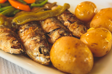 Close-up of portugese traditional grilled sardines sardinas on a plate with potatoes and vegetables, in Lisbon, Potrugal