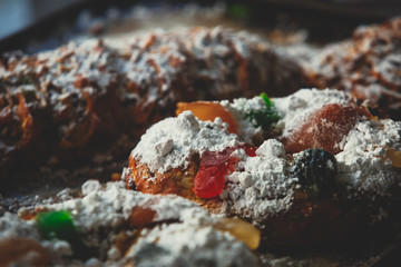 Bolo Rei, Bolo-rei, or Kings King Cake, a traditional Portuguese cake, Portugal, a staple dessert in any Portuguese home during the holidays