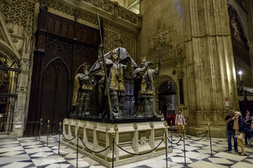 funerary monument to Cristobal Colon inside the cathedral of Seville, Andalucia. Spain