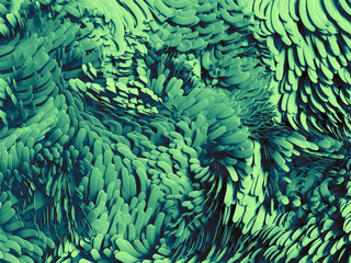 Naklejka na ściany i meble 3d render, abstract wavy scales background, emerald green, pattern, macro carpet texture