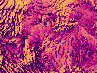 3d render, abstract wavy scales background, yellow pink neon colors, pattern, paper craft, macro carpet texture
