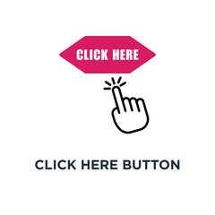 click here button with hand pointer clicking icon.  concept symb