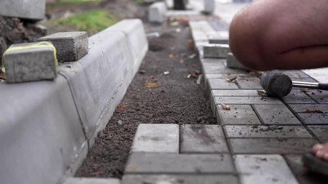 Hands of a builder in his orange gloved hands with a hammer fitting laying new exterior paving stones carefully placing one in position on a leveled and raked soil base. Sand foundation. Building.