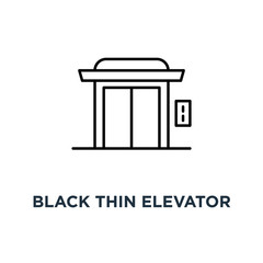 black thin elevator for house or hotel icon, symbol simple linear trend modern logotype art graphic design concept of home lift to apartment or trip to the top floor