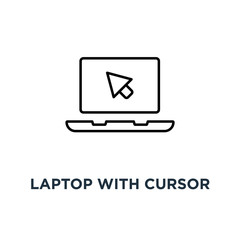 blue laptop with cursor icon, symbol style trend modern simple abstract logotype graphic design concept of using a mobile computer or search click arrow for website