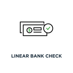 linear bank check like payment icon, symbol of abstract banking checkbook template or chequebook and financial transfers concept contour style trend logotype graphic design
