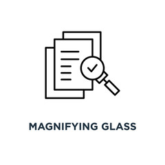 magnifying glass like check assess, scrutiny plan icon, symbol verify service critique process and annual examination, style logotype graphic design quality or success proven concept