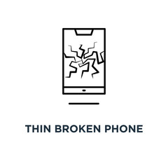 thin broken phone icon, symbol linear style trend modern graphic black contour logotype art design concept of damaged cellular phone or telephone repair service