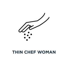 thin chef woman hand with salt icon, symbol of one person arm sprinkled spices or feeding fish concept linear drawing style trend modern black graphic art design
