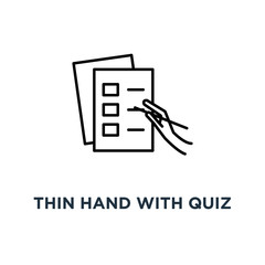 thin hand with quiz or checklist task icon, symbol of pile of papers with dos and dont or insurance checkbox and assessment info concept stroke todo graphic linear art design