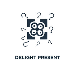 Obraz na płótnie Canvas delight present icon. surprise yellow gift box concept symbol design, birthday celebration, special give away package, loyalty program reward, wonder gift with exclamation mark vector illustration