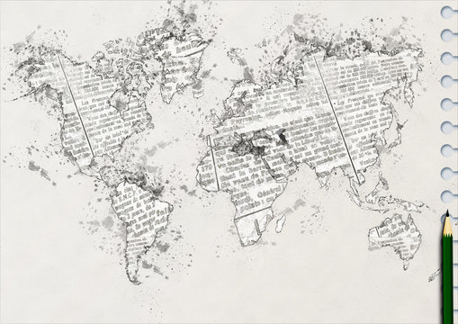 ノートに鉛筆で描いた世界地図