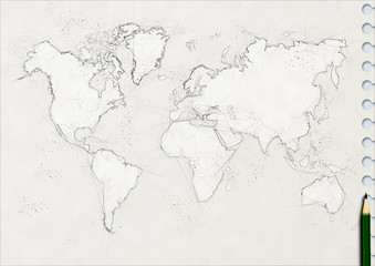 Fototapeta na wymiar ノートに鉛筆で描いた世界地図