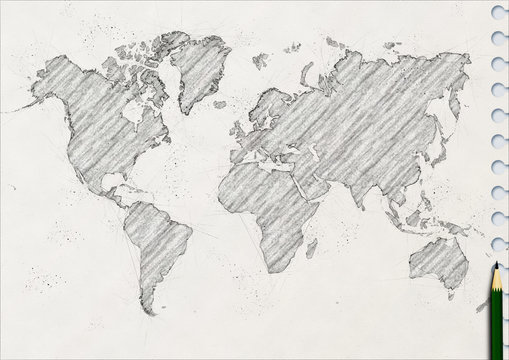 Fototapeta ノートに鉛筆で描いた世界地図