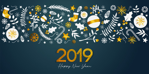2019 Happy New Year Golden Text on Dark Teal Background Banner - obrazy, fototapety, plakaty