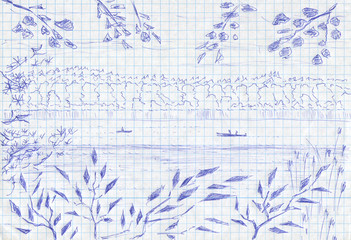 Landscape with lake, tree branches, reflections and boats with fishermen. Stylish drawing pen on a sheet of squared notebook.