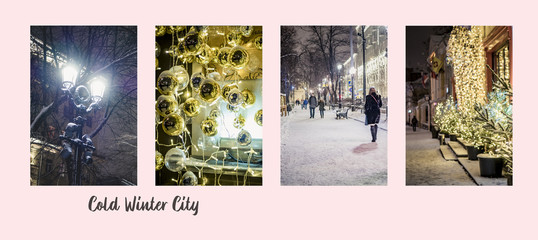 night winter city holidays collage concept design with rectangle photos  f