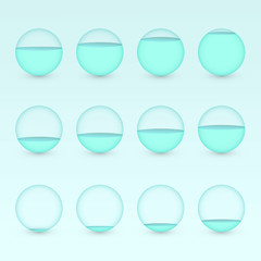 A set of blue circular aquariums with different levels of water to show percentage value for info graphic presentation