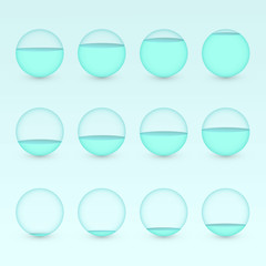 A set of blue circular aquariums with different levels of water to show percentage value for info graphic presentation