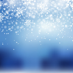 Naklejka na ściany i meble Falling shining snow or snowflakes on blue background for Happy New Year. Vector.