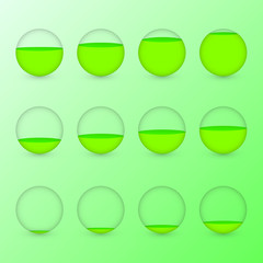A set of green circular aquariums with different levels of water to show percentage value for info graphic presentation
