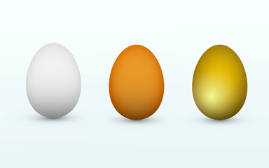 White, brown and golden healthy organic eggs on light background vector illustration