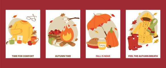 Autumn symbols banner items card with clothes related to autumn. Rainy cold time to celebrate Happy gold and yellow autumn time. Umbrella, leaf fall, medicines, foliage, rain