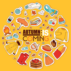 Autumn symbols banner items card with clothes related to autumn. Rainy cold time to celebrate Happy gold and yellow autumn time. Umbrella, leaf fall, medicines, foliage, rain