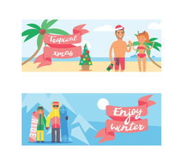 Different people family and friends Christmas winter vacation holidays. Happy family travel and celebrating Xmas together. People on winter New Year vacation together characters vector illustration