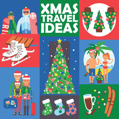 Different people family and friends Christmas winter vacation holidays. Happy family travel and celebrating Xmas together. People on winter New Year vacation together characters vector illustration
