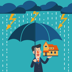 Fototapeta na wymiar Smiling business man standing with umbrella under thunderstorm protecting house. Insurance, risk, crisis, financial problems, mortgages and banking service