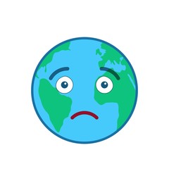 Disappointed world globe isolated emoticon. Sorrowful blue planet emoji. Social communication and weather widget. Sad face showing facial emotion. Funny earth icon. Weather forecast vector element