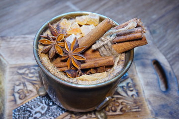 Decorative Christmas , nuts, cinnamon and anise stars.   Christmas time . Seasonal and holidays concept
