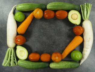 Foods concept, Lemon, carrot,  tomato, radish , cucumber, avocado vegetables isolated on white background. top view,Copy space for design.