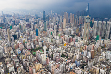Aerial view of Hong Kong urban city with thunderstorm