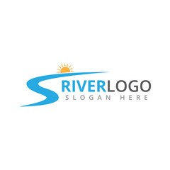 Fototapeta na wymiar river flowing shape with sun in the peak vector logo design