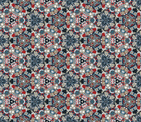 Kaleidoscope abstract seamless pattern, background. Composed of colored geometric shapes. Useful as design element for texture and artistic compositions.