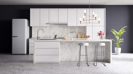 Modern kitchen white room interior .3d render