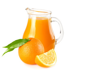 orange juice with orange slices and green leaf isolated on white background. juice in jug