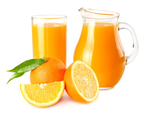 orange juice with orange slices and green leaf isolated on white background. juice in jug