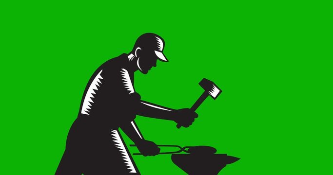 2d Animation motion graphics showing a blacksmith forging steel with hammer striking at anvil zooming in and out on white screen, green screen with alpha matte in 4k ultra-high-definition.