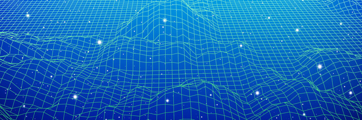 Digital landscape with mountains or hills made of line grid
