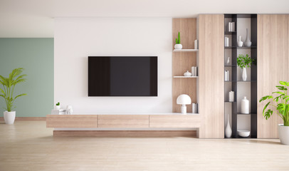  TV cabinet and display with  on wood flooring and white wall, minimalist and vintage interior of living room,  ,3d rendering - obrazy, fototapety, plakaty