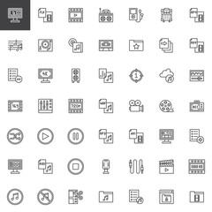 Audio and video outline icons set. linear style symbols collection line signs pack. vector graphics. Set includes icons as Radio, Media player, Music note Stave, Vinyl Turntable, Cassette tape, Camera